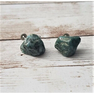 Vintage Screw On Earrings - Dark Teal Tones Stone